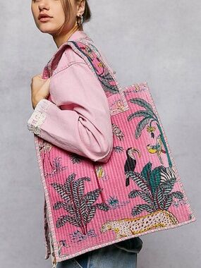 Pink Quilted Jungle Motif Tote Bag